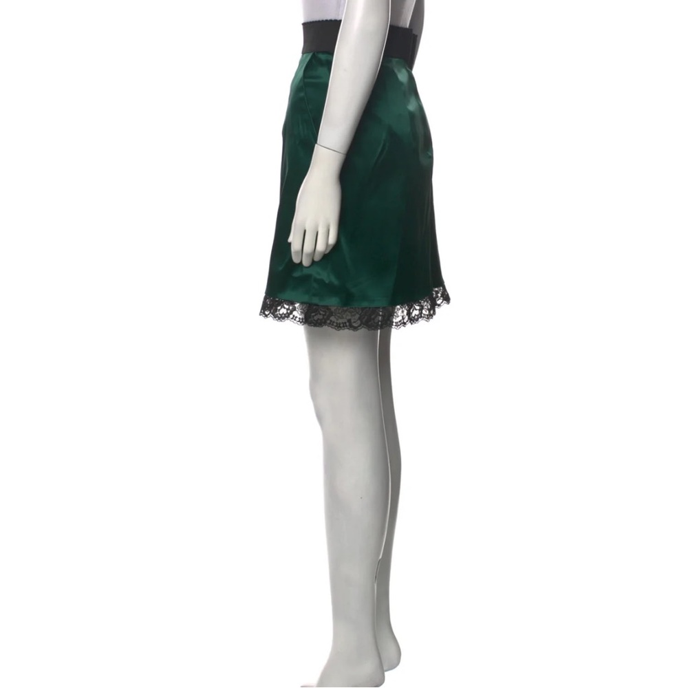 Dolce & Gabbana Green Silk Mini Skirt Black Lace Trim Women’s Size 6 / 42 / S - Picture 2 of 10